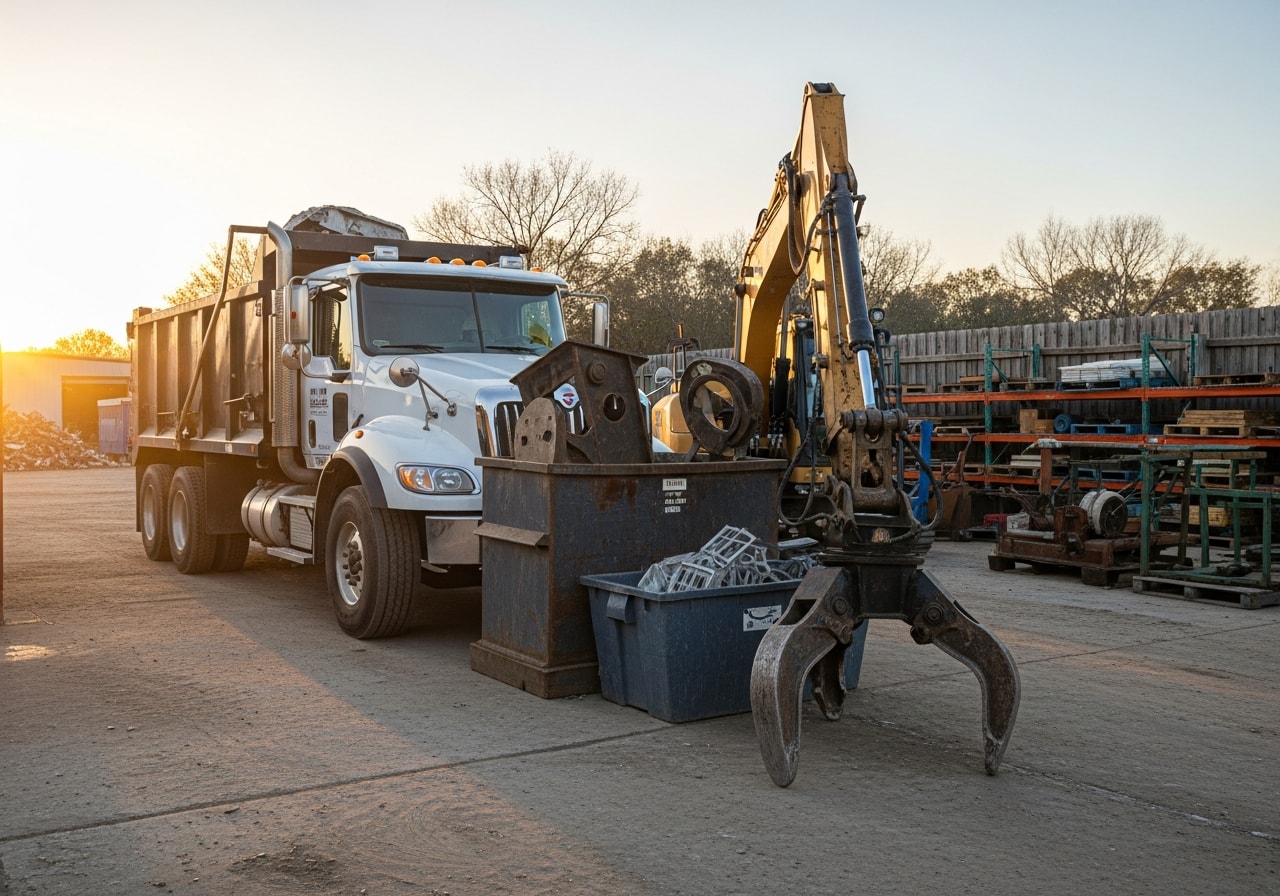 Disposal truck and equipment staged at a job site, showing the tools and fleet used for demolition, junk removal, and land clearing work.