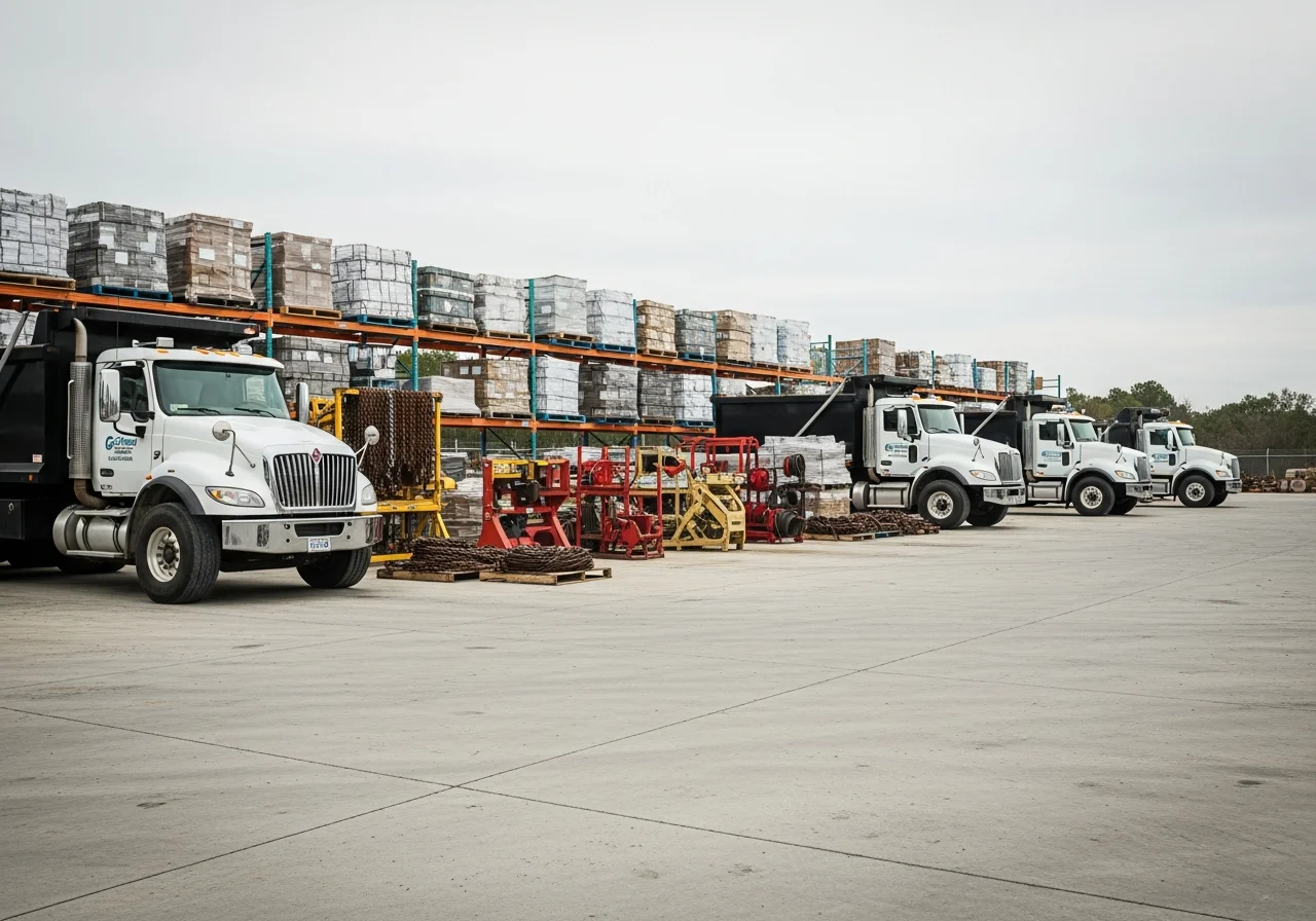 Disposal trucks and equipment staged at a service yard, ready for demolition and hauling work.