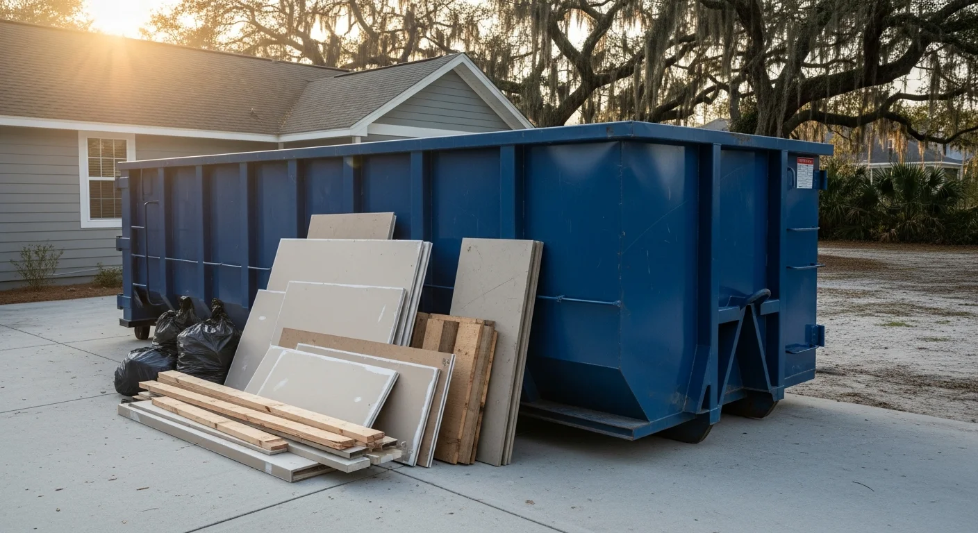 Dumpster rental positioned at a residential renovation site in North Myrtle Beach