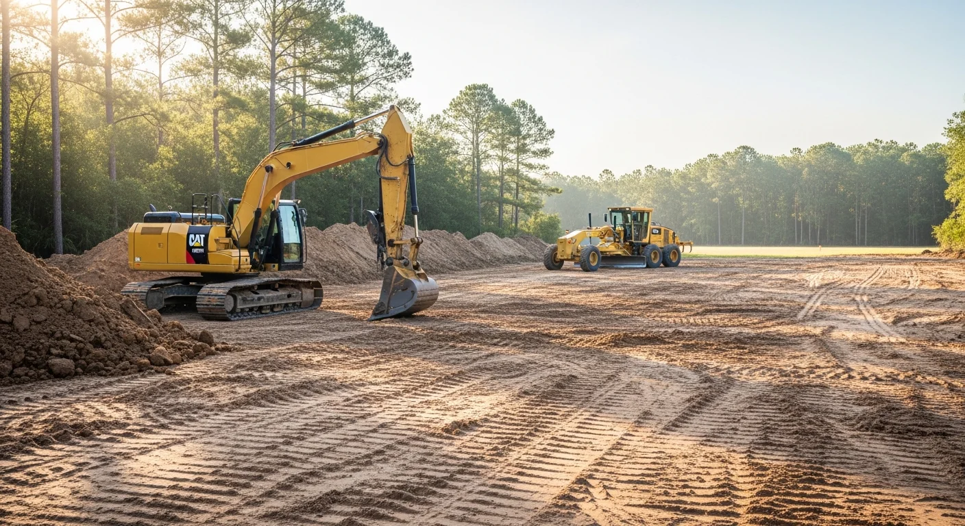 Excavation equipment grading a residential building site in Conway, SC