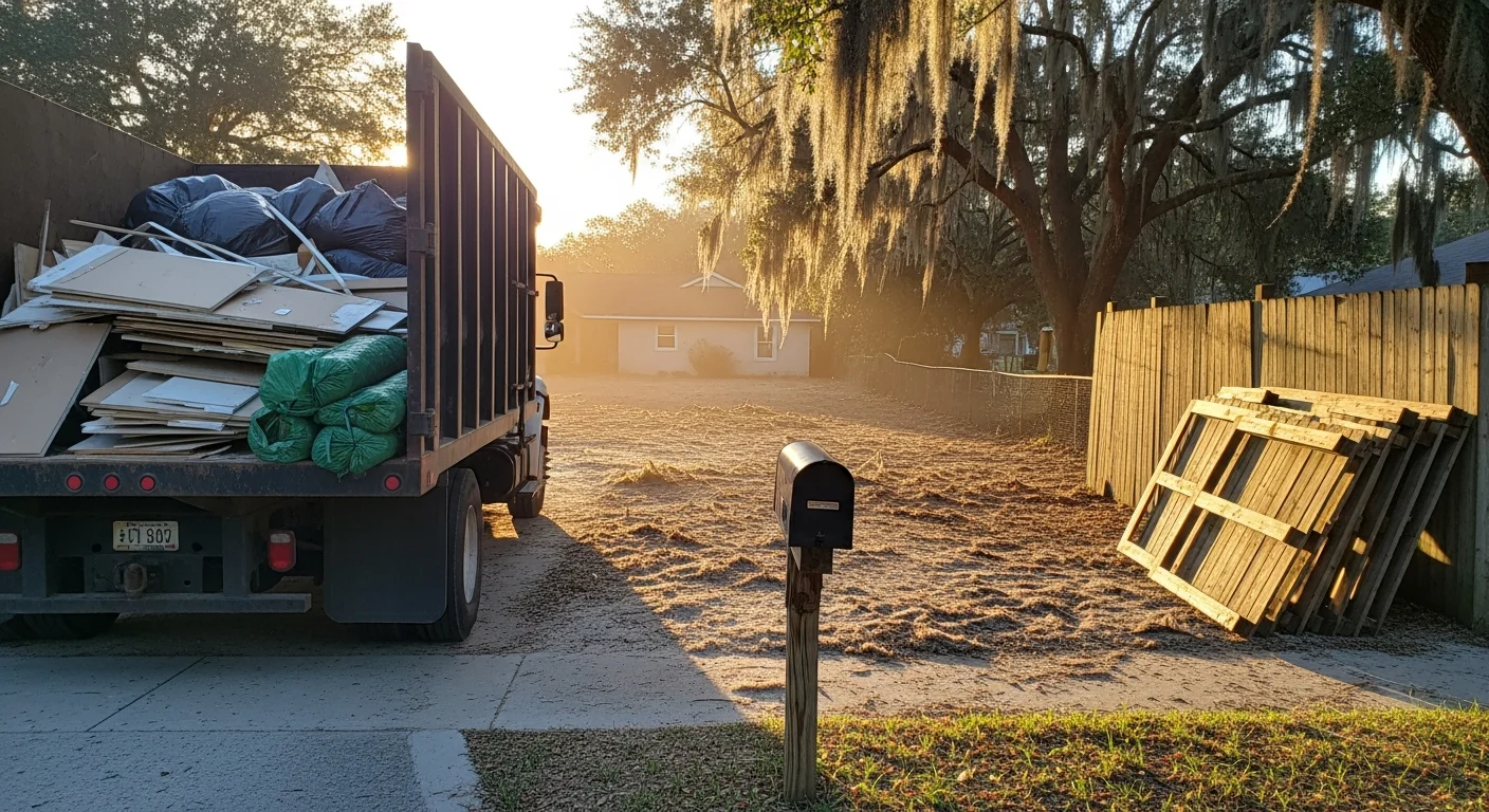 Junk removal truck loading debris from a residential property in Longs, SC