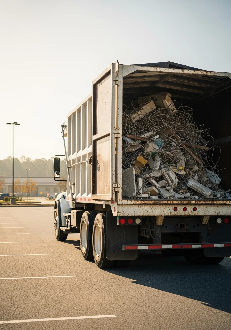 Demolition equipment and debris removal truck in Carolina Forest commercial area