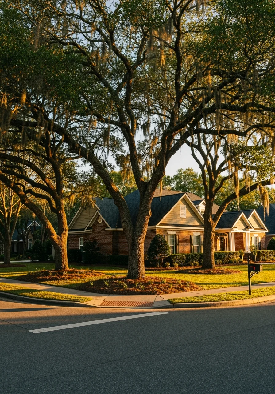 Close-up of a Conway home exterior with mature trees and traditional residential architecture.