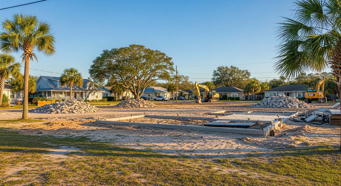 Coastal Horry County neighborhood with mixed residential properties and palm trees under clear sky.