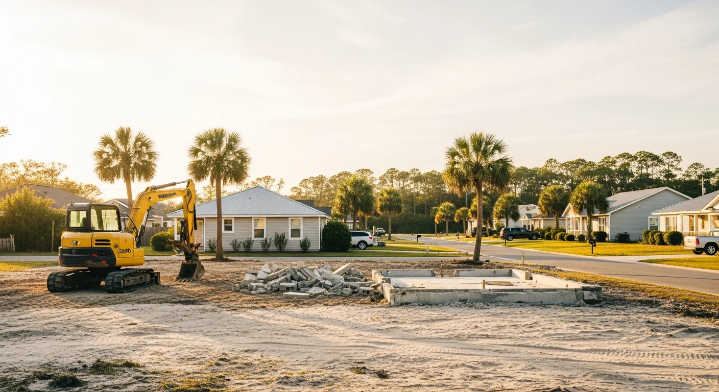 Coastal Horry County neighborhood with mixed residential properties, palm trees, and clear sky along the Grand Strand.