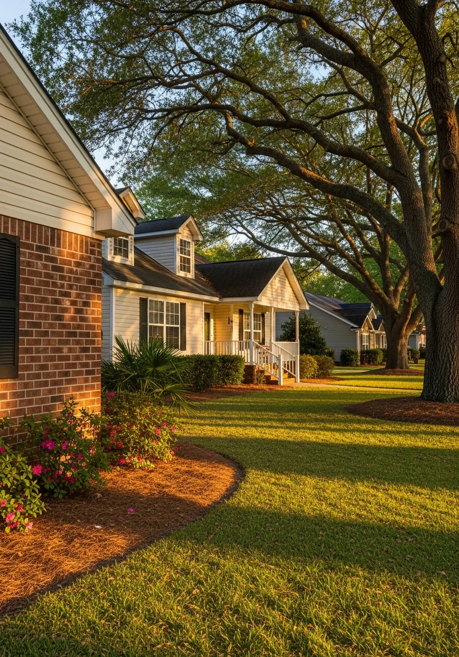 Detail of a Loris home exterior with traditional architecture and mature plantings.