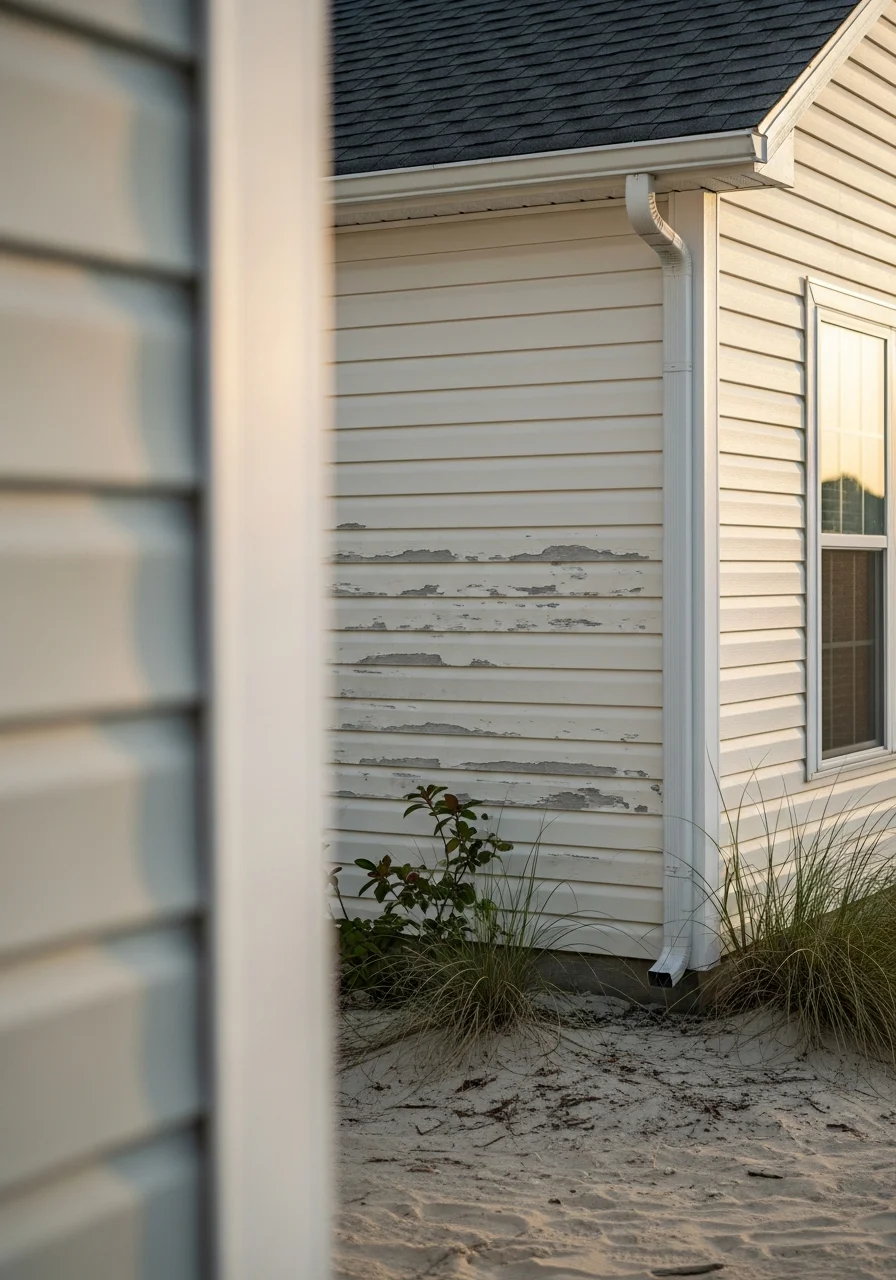 Detail of a North Myrtle Beach beachfront or near-beach home exterior with professional coastal finishing.