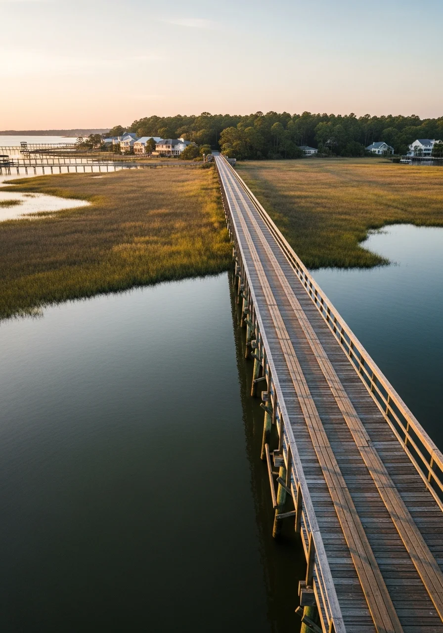 Aerial view of Pawleys Island causeway connecting to mainland with residential properties and marsh landscape