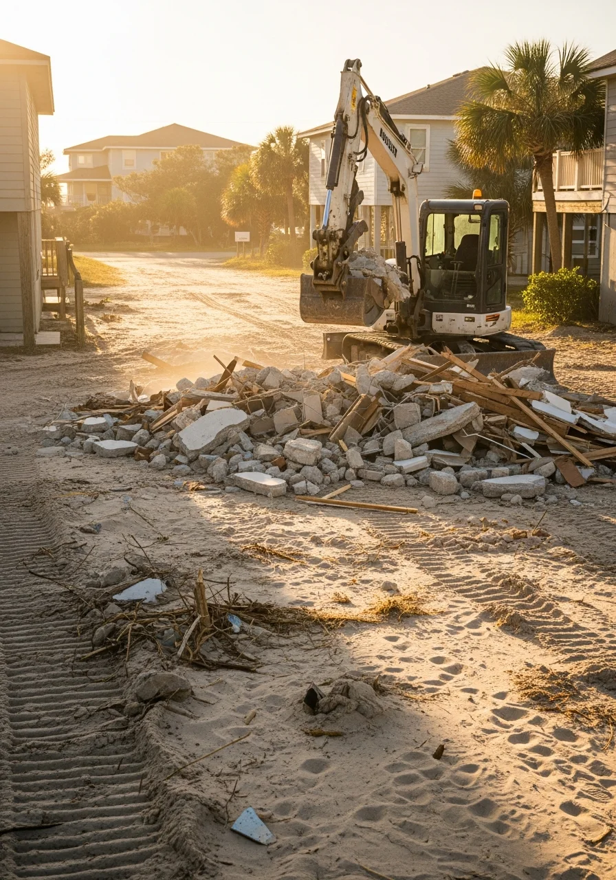 Construction site in Surfside Beach with demolition equipment and debris removal in progress