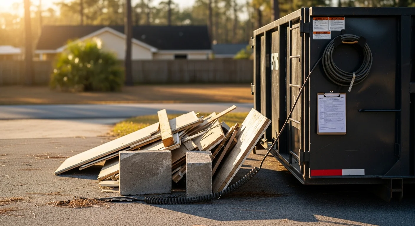 A 15 yard roll-off dumpster sitting in a residential driveway in Horry County, SC, loaded with household debris and renovation waste. The container is positioned on a concrete driveway beside a single-family home with the lid open and debris visible inside.