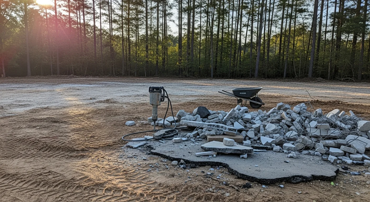 A detached wood shed being demolished and cleared from a residential backyard in Horry County, SC. Debris is stacked for removal, leaving a flat, open ground surface behind the home.