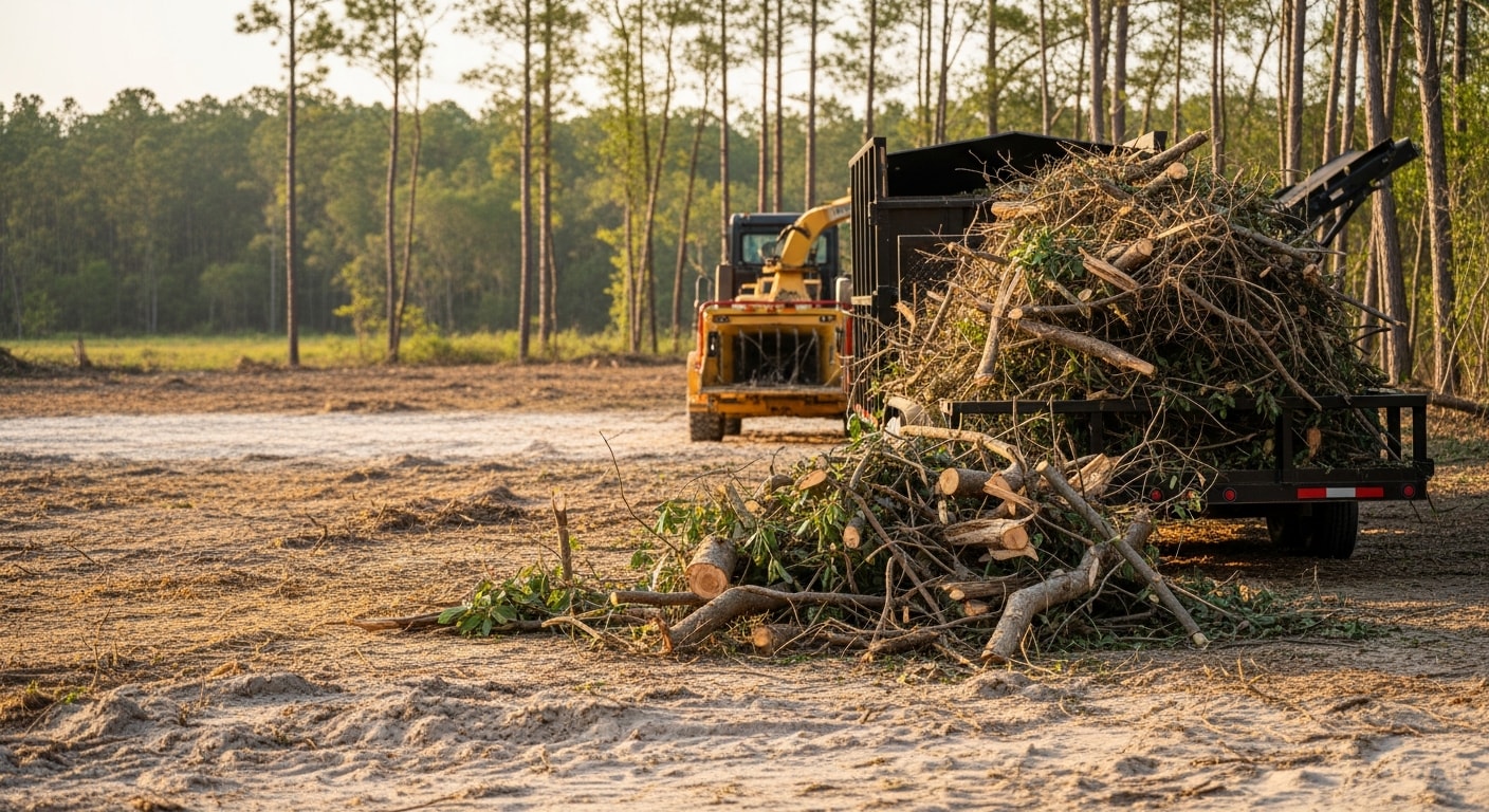 A cleared residential lot in Horry County, SC after brush removal, showing open ground where dense scrub vegetation and overgrown thickets have been cut and hauled away. A pile of loaded debris is visible near a disposal truck at the edge of the property.