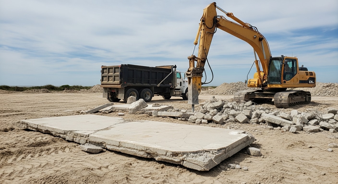 A concrete driveway slab broken into large chunks during demolition at a residential property in Horry County, SC. A crew member loads broken concrete debris into a disposal truck on a cleared lot.