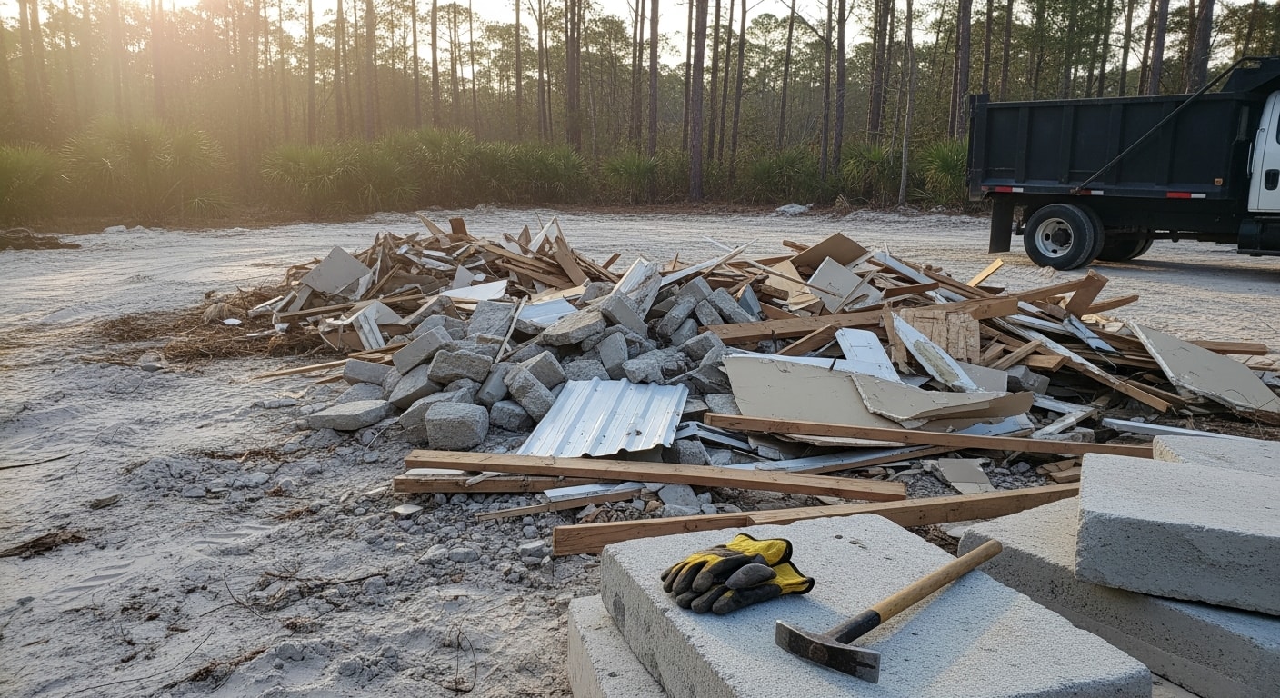 A cleared residential job site in Horry County, SC with construction debris including lumber scraps, drywall pieces, and roofing material loaded into a disposal truck. The surrounding area is clean and ready for the next phase of construction.