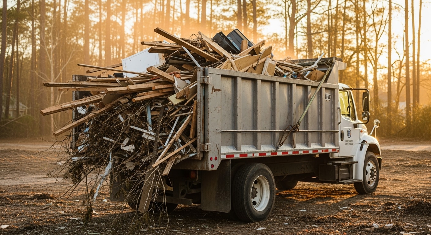 A cleared residential property in Horry County, SC after debris removal, with a loaded Grand Strand Disposal truck parked at the curb and no remaining storm or construction waste on the lawn or driveway.