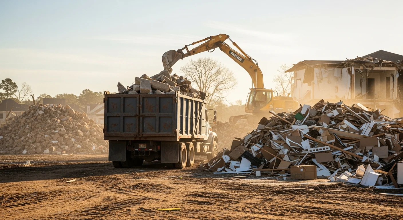 A cleared residential lot in Horry County, SC with a Grand Strand Disposal truck loaded with storm debris and construction waste. The property shows a clean yard after full debris removal service.
