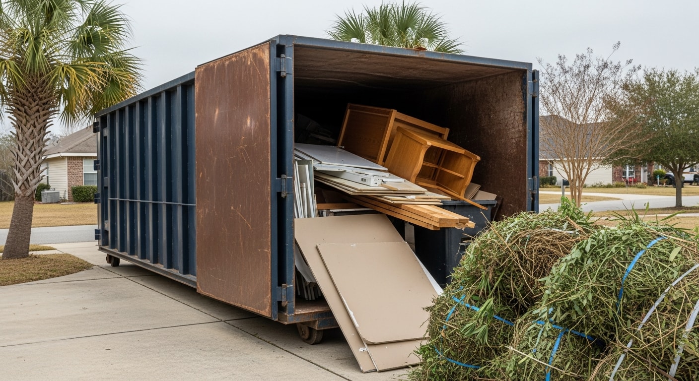 A roll-off dumpster placed in a residential driveway in Horry County, SC, filled with construction debris and household junk from a home renovation. The container sits on a concrete driveway with a coastal South Carolina property visible in the background.