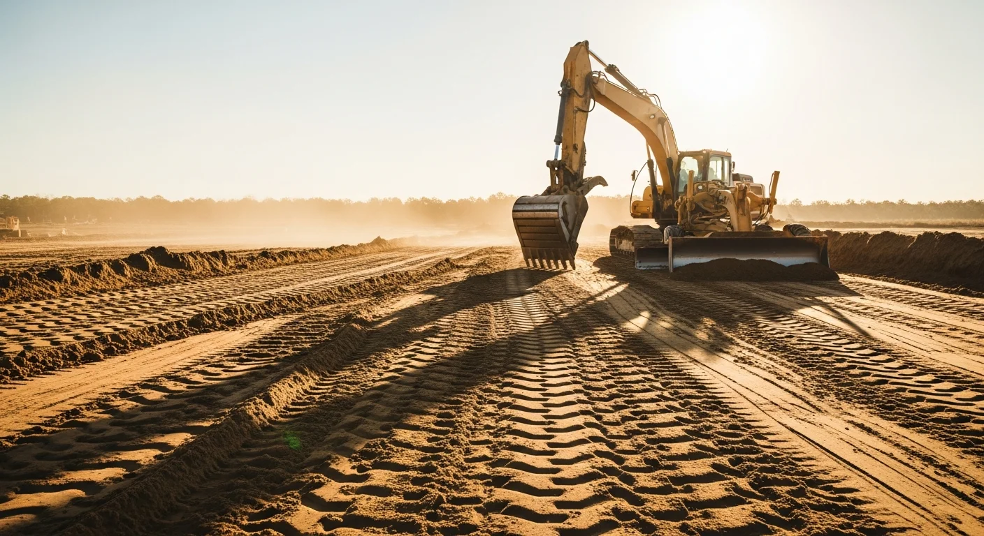 A tracked excavator grading a flat, compacted lot in Horry County, SC, with cleared land and sandy coastal soil visible in the foreground. The site is leveled and ready for foundation or driveway construction.