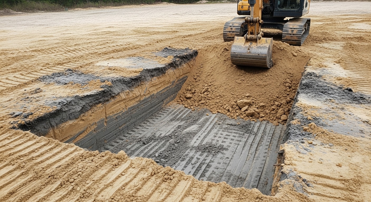 A tracked excavator digging a foundation trench on a cleared residential lot in Horry County, SC, with sandy coastal soil visible along the trench walls. Excavated dirt is piled to the side of the site, ready for grading and backfill.