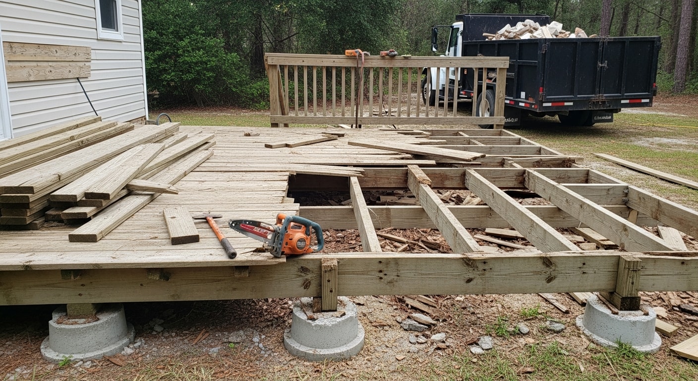 A demolished wooden outbuilding with debris piled for removal on a residential property in Horry County, SC. A Grand Strand Disposal crew works on site with the cleared lot visible in the background.