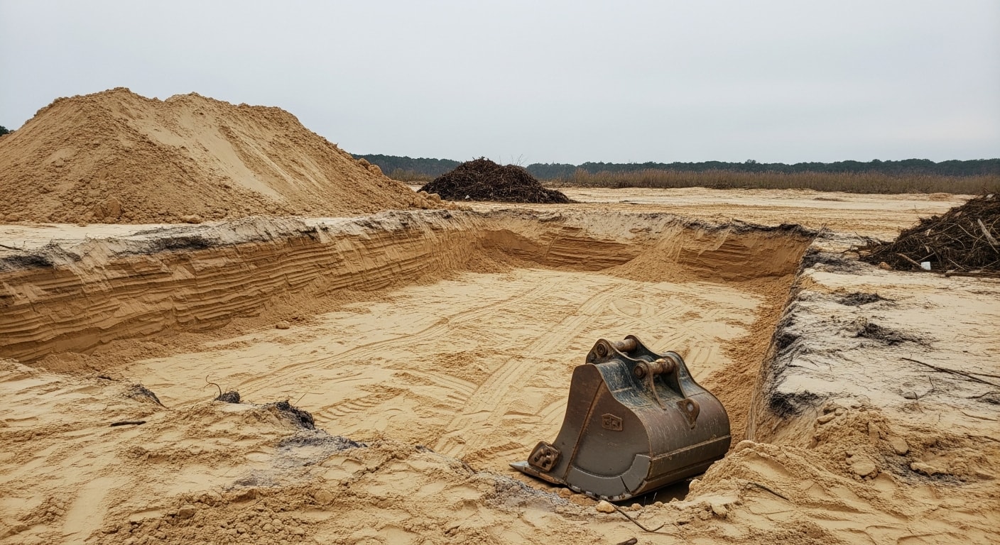 A foundation excavation in progress on a residential build site in Horry County, SC, showing a rectangular pit cut to footing depth with sandy coastal soil walls and a graded floor ready for concrete work.