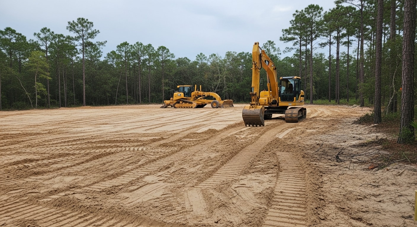 A tracked grader leveling sandy soil on a cleared residential lot in Horry County, SC. The freshly graded surface slopes away from the building pad toward a drainage swale at the lot edge.