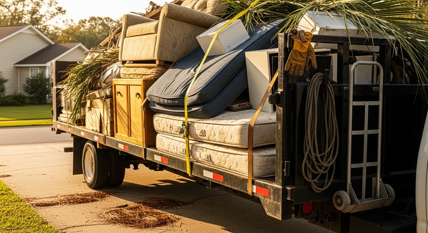 A cleared residential garage in Horry County, SC, with empty floor space after household junk removal by Grand Strand Disposal. Old furniture, boxes, and appliances have been loaded onto a removal truck parked in the driveway.