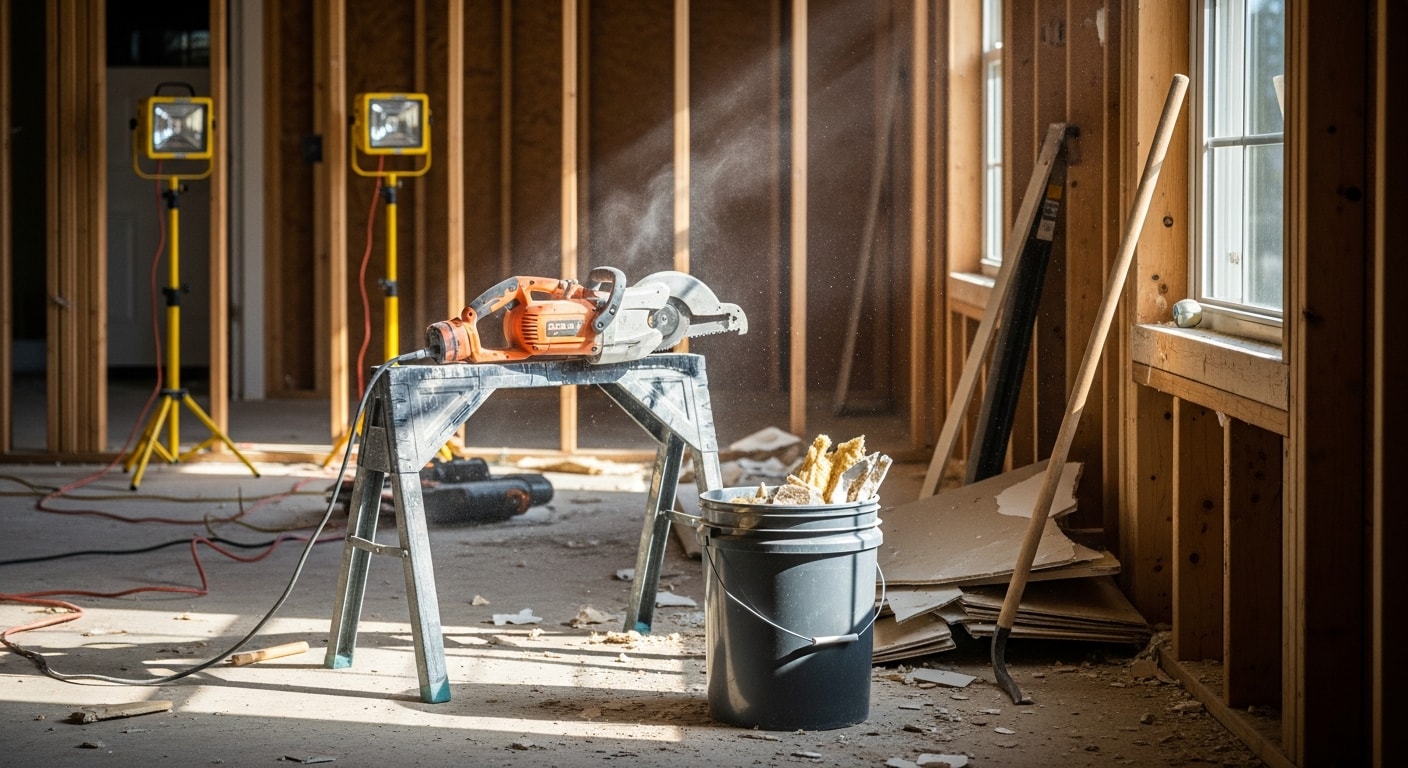 Interior of a Horry County, SC residential property mid-demolition, with drywall removed down to the wood framing and debris staged for removal. Empty room shows exposed wall studs and cleared flooring ready for renovation.