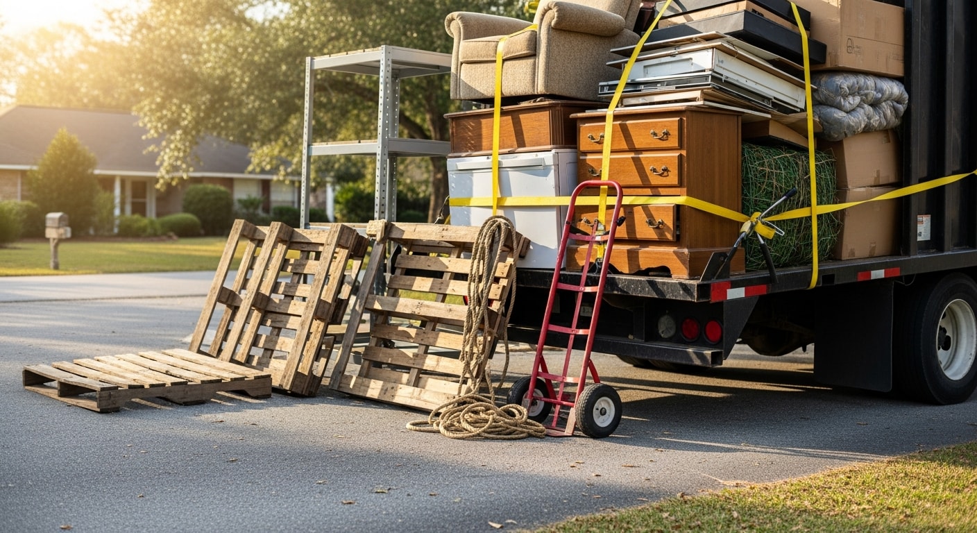 A cleared residential driveway in Horry County, SC after junk removal, with an empty truck bed visible and no remaining debris on the property. Bags, old furniture, and yard waste have been fully loaded and removed.
