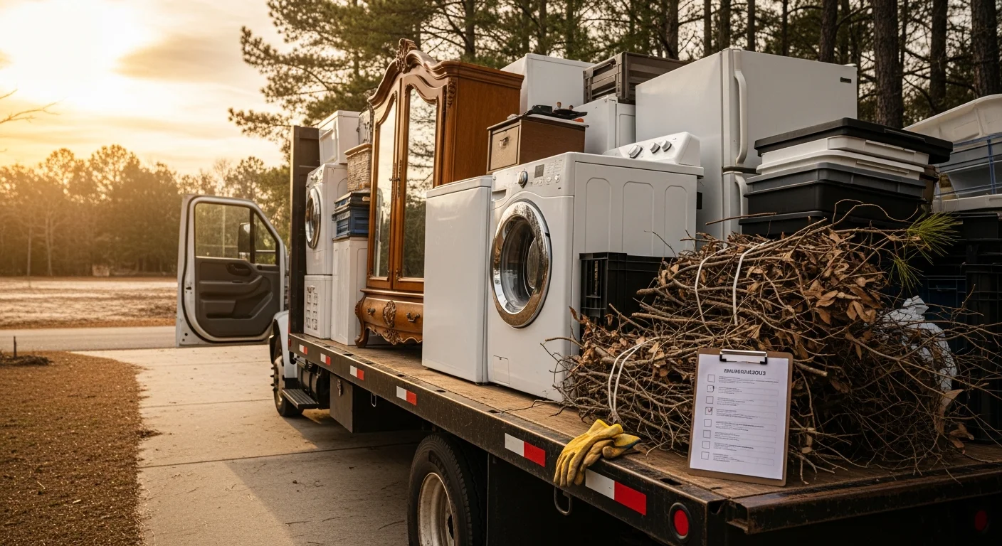 A Grand Strand Disposal truck loaded with old furniture and household junk outside a residential property in Horry County, SC. The driveway and yard are clear after a full-load pickup.