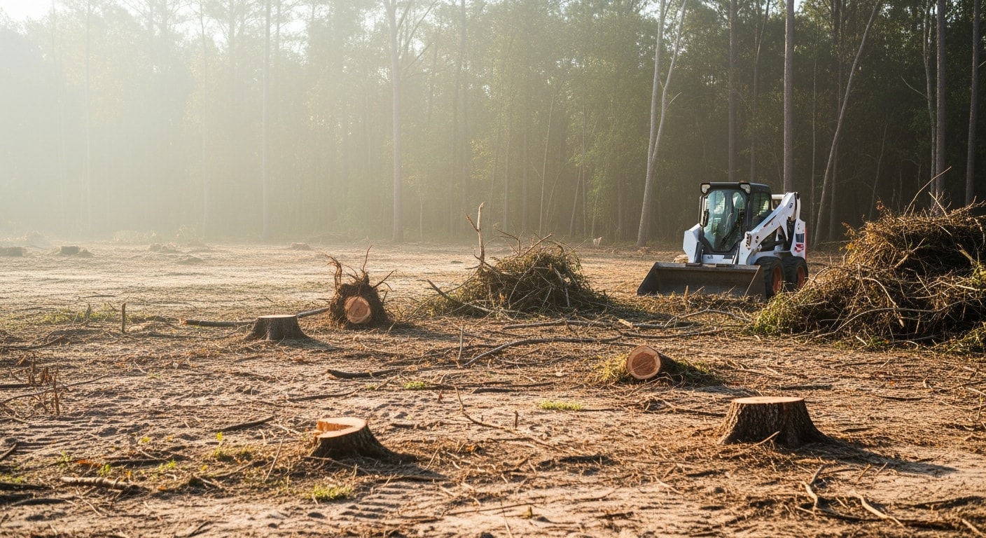 A cleared residential lot in Horry County, SC with trees and brush removed and bare ground ready for construction. Debris has been hauled away, leaving a clean, level site.
