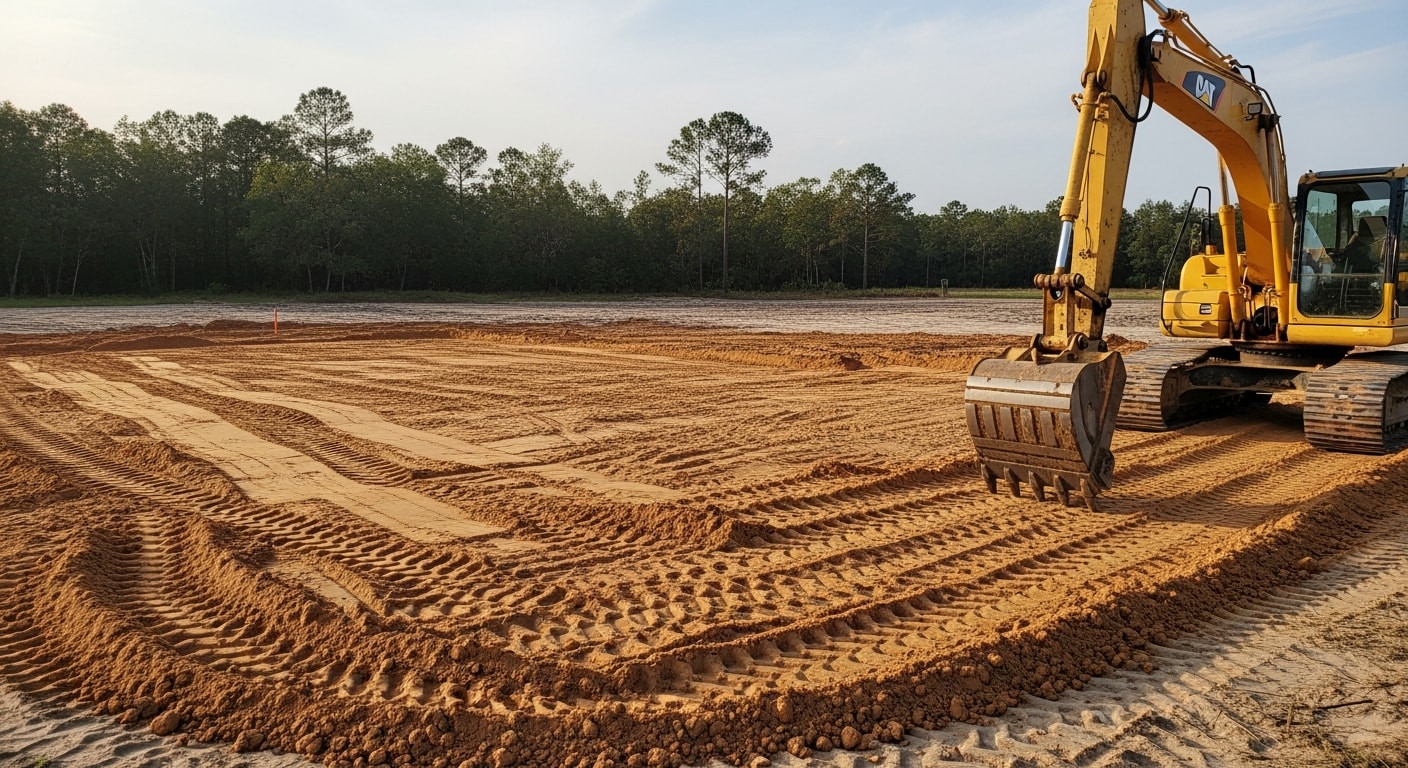 A tracked excavator grading and leveling sandy soil on a cleared residential lot in Horry County, SC. The freshly shaped ground slopes away from the building pad toward a drainage channel at the lot edge.