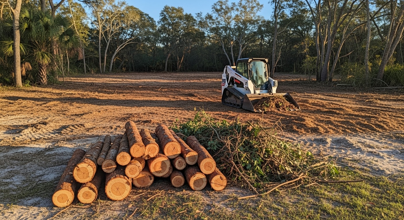 A cleared residential lot in Horry County, SC, with all brush, trees, and debris removed, leaving bare ground ready for construction or landscaping. Heavy equipment tracks are visible on the sandy coastal plain soil near the lot boundary.
