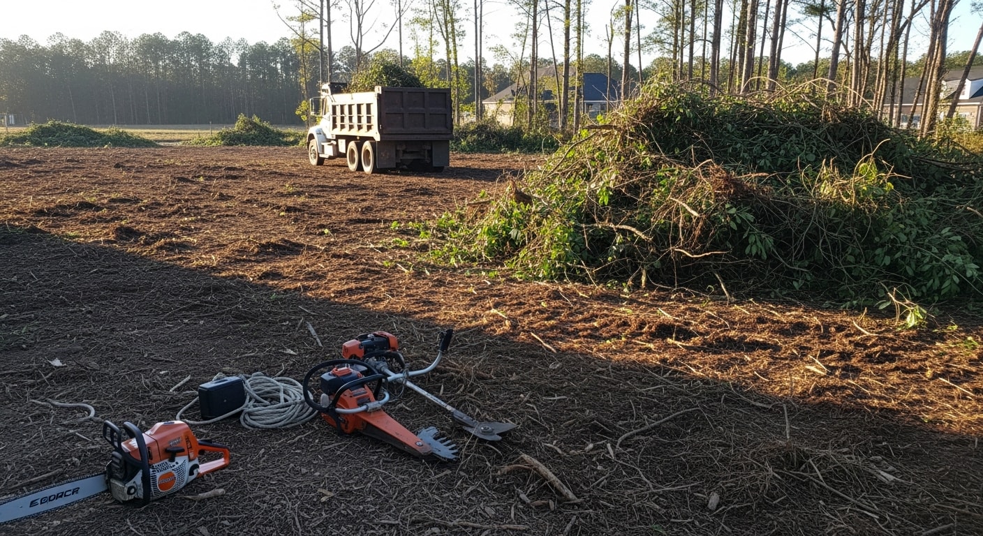 A cleared residential lot in Horry County, SC showing removed brush, cut scrub trees, and open ground after overgrown property cleanup. Dense coastal vegetation and invasive vine growth have been fully removed, leaving the parcel accessible and debris-free.