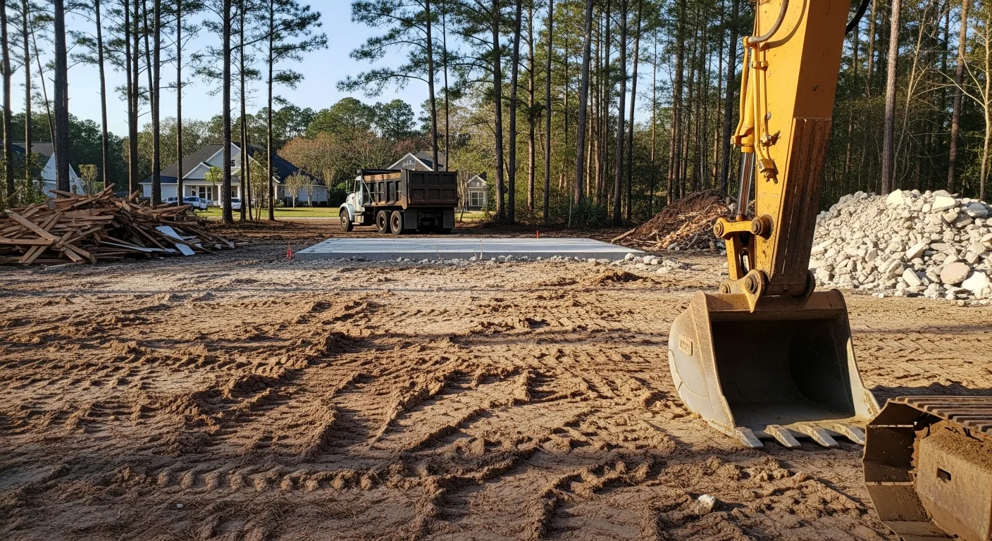 A residential structure in Horry County, SC being demolished, with debris cleared from the lot and the surrounding yard visible. Heavy equipment is positioned on site during the teardown process.