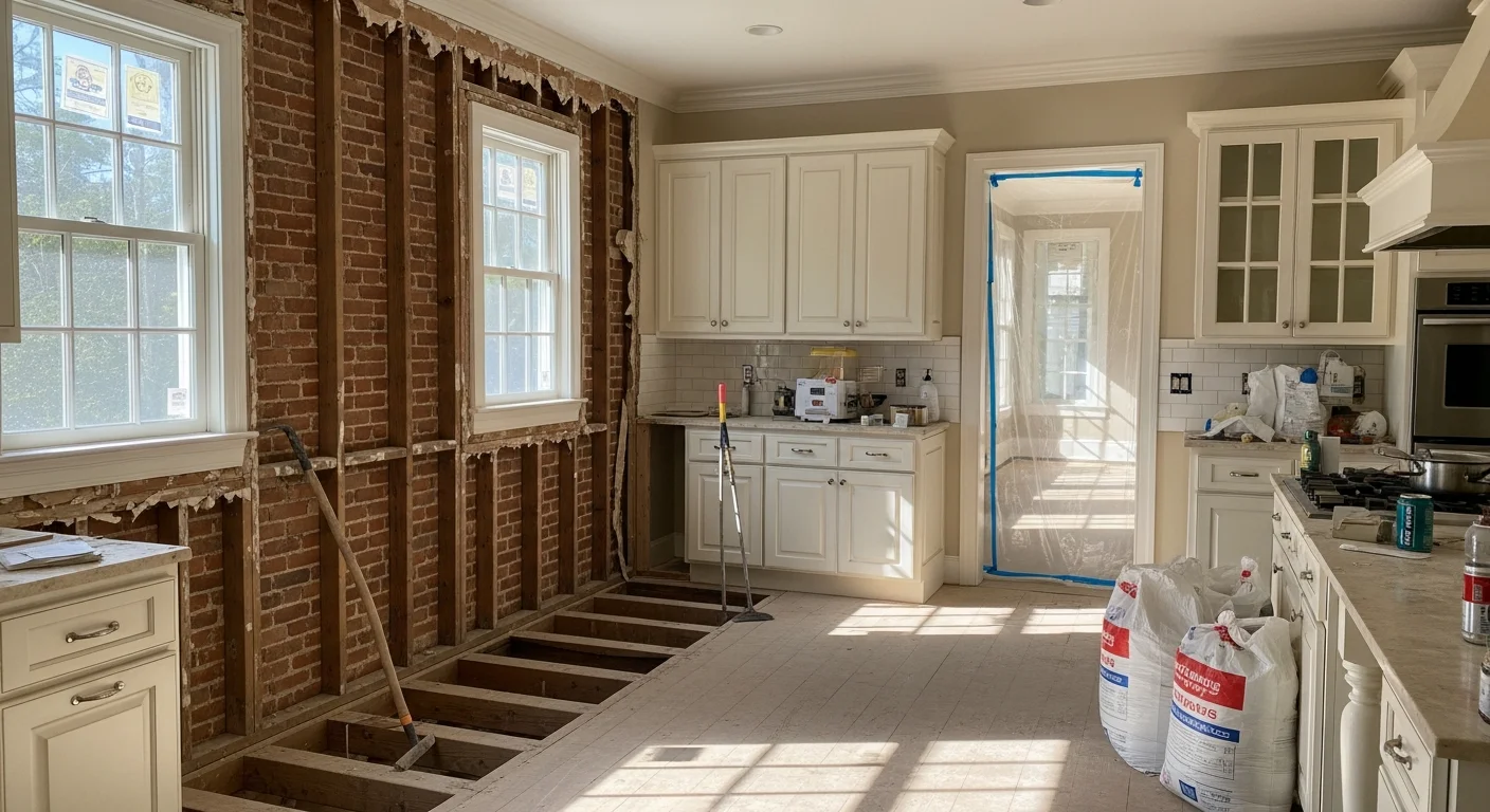 Interior of a Horry County, SC property mid-demolition, with walls stripped to the studs and debris staged for removal. A cleared residential room ready for remodeling after selective interior demolition by Grand Strand Disposal.