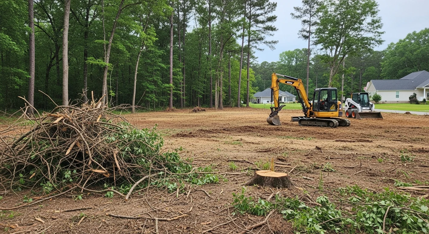 A residential lot in Horry County, SC after select land clearing, showing removed brush and trees with remaining healthy vegetation preserved. Cleared ground is visible and ready for grading or construction.