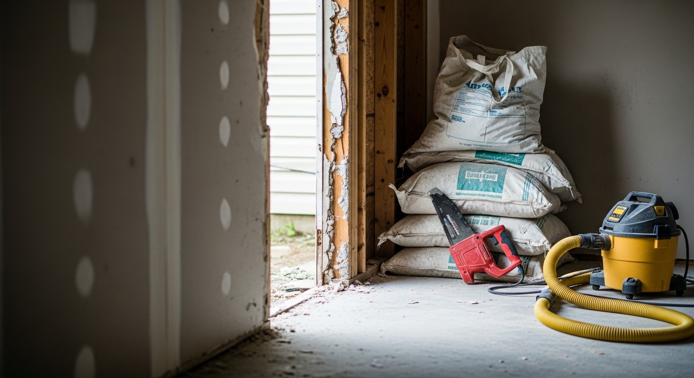 A partially demolished interior room in a Horry County, SC property showing removed drywall and exposed framing with surrounding surfaces left intact. A debris pile is staged near the work area ahead of hauling by Grand Strand Disposal.