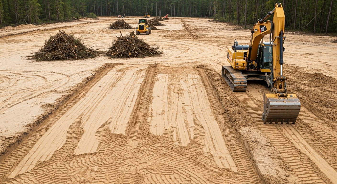 A freshly graded and cleared construction site in Horry County, SC, with flat, compacted soil and no remaining vegetation or debris. Heavy excavation equipment sits at the edge of the prepared lot, ready for foundation work to begin.