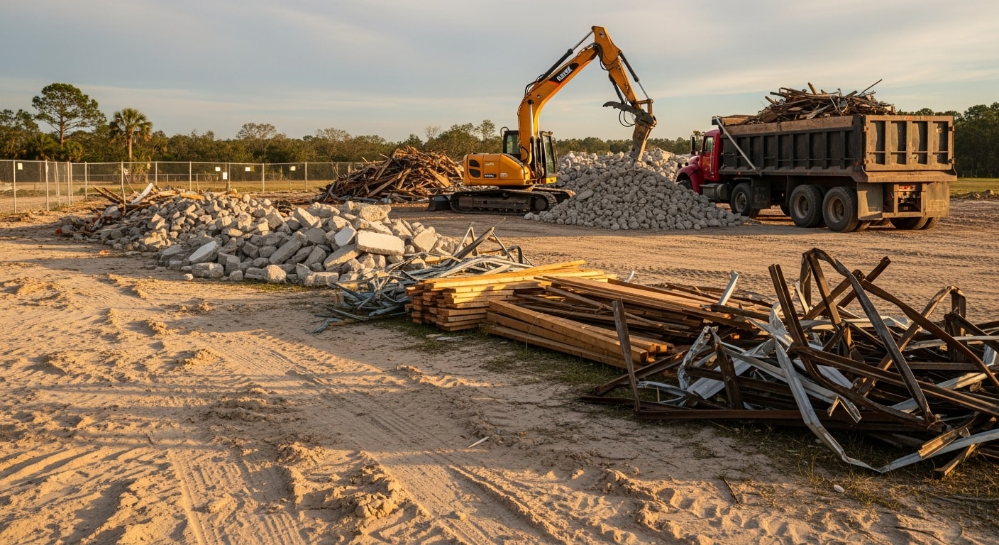 A cleared residential lot in Horry County, SC after full structure removal, with debris hauled away and bare ground ready for the next phase of the property project. A demolition crew and equipment are visible at the edge of the site.