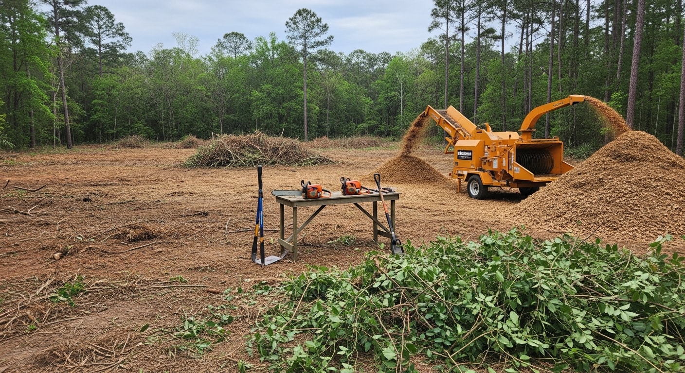 A cleared residential lot in Horry County, SC with all brush, vines, and overgrown vegetation removed down to bare ground. A Grand Strand Disposal crew works at the edge of the property hauling away the last of the cut vegetation.